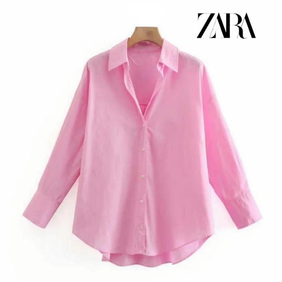 Zara Tops - ZARA 100% Cotton Pink Open V-Neck Button Down Shirt Sz S/M